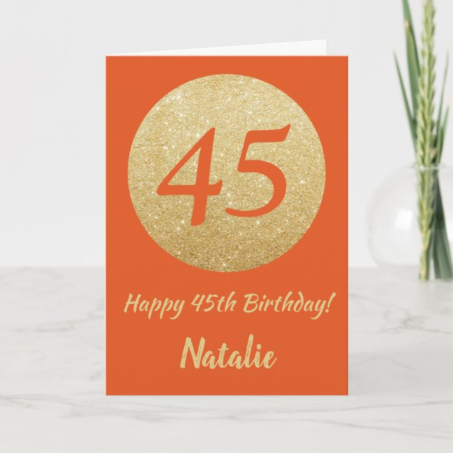 Joyeux 45e Anniversaire Carte Orange et Or Paillet (Devant)