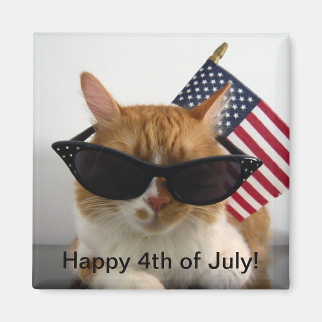 Joyeux 4 juillet Chat Cool avec Magnet Drapeau (Devant)