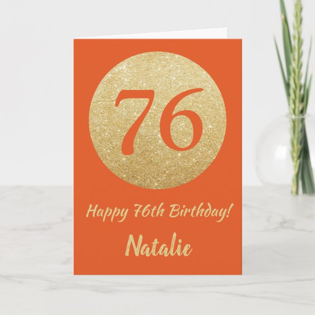 Joyeux 76e Anniversaire Carte Pailletée Orange et  (Devant)