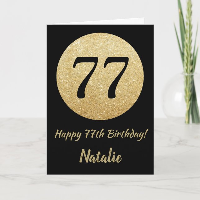 Joyeux 77e Anniversaire Carte Pailletée Noir et Or (Devant)