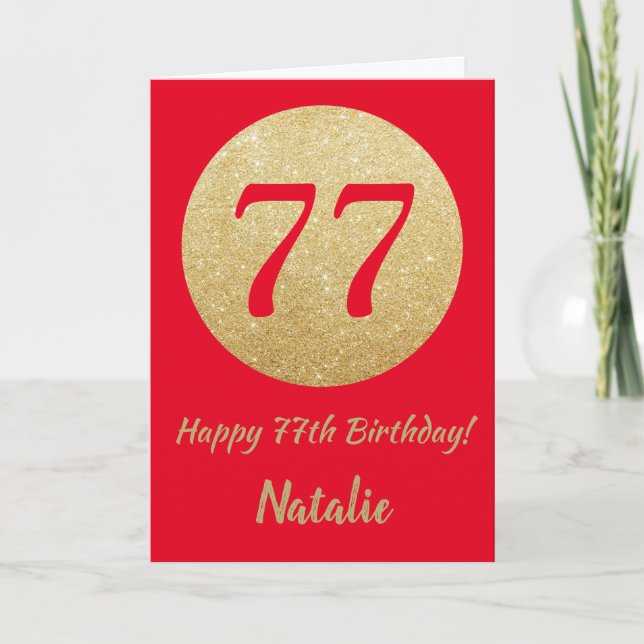 Joyeux 77e Anniversaire Carte Pailletée Rouge et O (Devant)