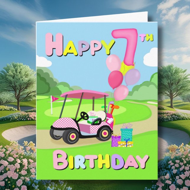 Joyeux 7e anniversaire Carte de golf rose à pois p (Créateur téléchargé)