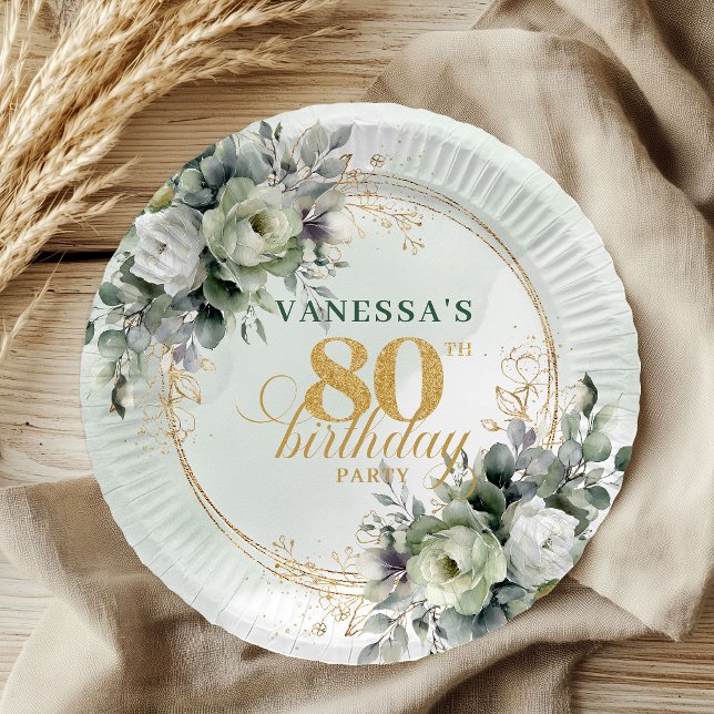 Joyeux 80e Anniversaire Assiette Botanique Eucalyp (Happy 80th Birthday Botanical Eucalyptus Plate)