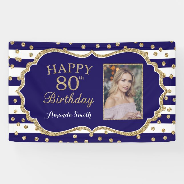 Joyeux 80e anniversaire Bannière Marine Blue Gold  (Horizontal)