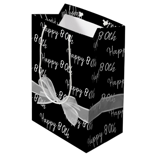 Joyeux 80e Anniversaire Bow Sur Black Medium Sac C (Dos Angle)