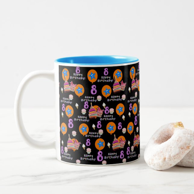 Joyeux 8 Anniversaire Mug Balloons #8 Noir (Avec donut)