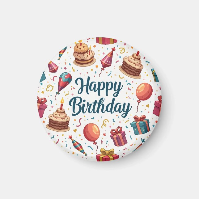 Joyeux Aimant d'anniversaire avec ballons et gâtea (Devant)