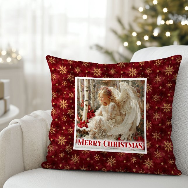 Joyeux Ange Victorien Oreiller de Fête Rouge et Or (Jolly Victorian Angel Red and Gold Holiday Pillow)