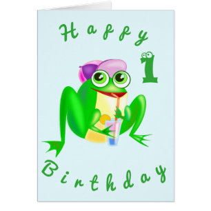 Joyeux Anniversaire 1 carte avec Happy Party Frog