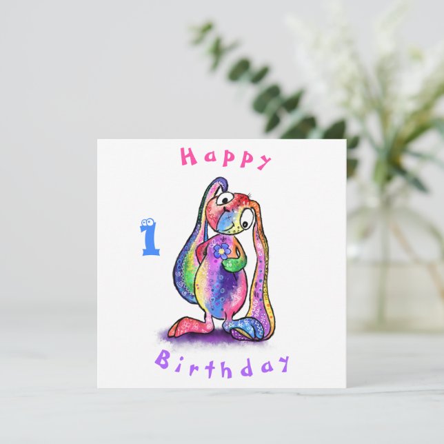 Joyeux Anniversaire 1 Carte Lapin coloré avec Fleu (Debout devant)