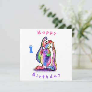 Joyeux Anniversaire 1 Carte Lapin coloré avec Fleu