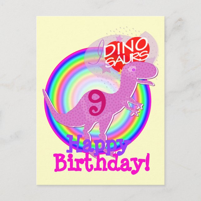 Joyeux anniversaire 9 ans violet T-Rex Dino carte  (Devant)