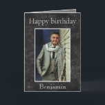 Joyeux anniversaire à mon mari carte photo<br><div class="desc">Wish your husband a happy birthday with this one of a kind greeting card. The front features a grayish black background with "Happy birthday" written in gray font with his photo centered. Vous pouvez télécharger votre image favorite et ajouter le border. The bottom displays his name with a chaud message...</div>