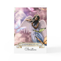 Joyeux anniversaire. Angel avec carte Papillons