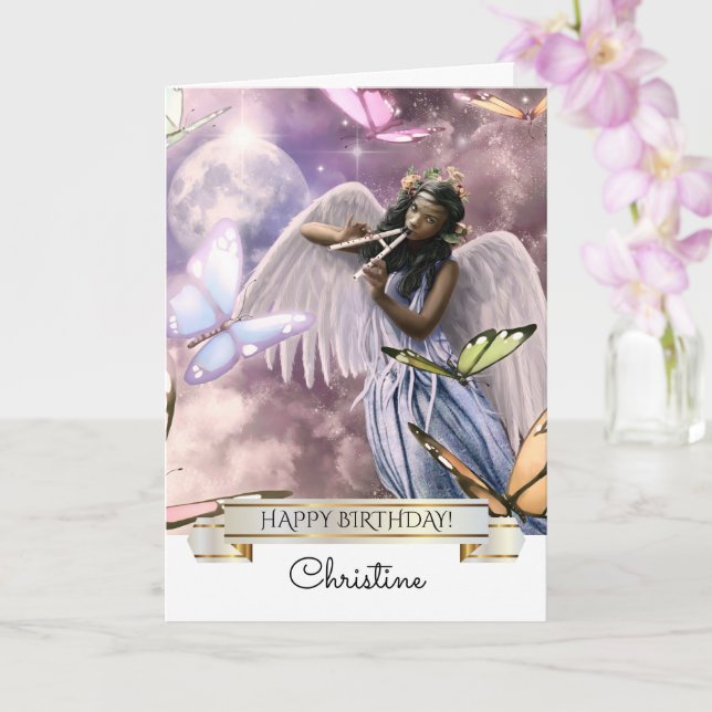 Joyeux anniversaire. Angel avec carte Papillons (Orchidée)