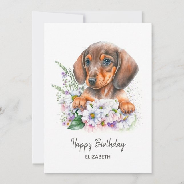 Joyeux anniversaire | Aquarelle Dachshund et Flora (Devant)