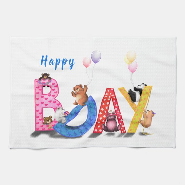 Joyeux Anniversaire Bear Party Serviette de cuisin (Horizontal)