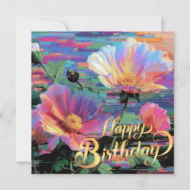 Joyeux Anniversaire belle carte de fleurs néon (Devant)