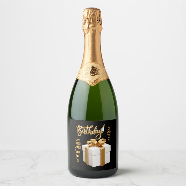 Joyeux Anniversaire Blanc Étiquette de vin étincel (Devant)
