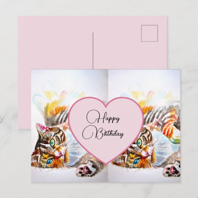Joyeux Anniversaire Carte Postale Chat Tabby (Devant / Derrière)