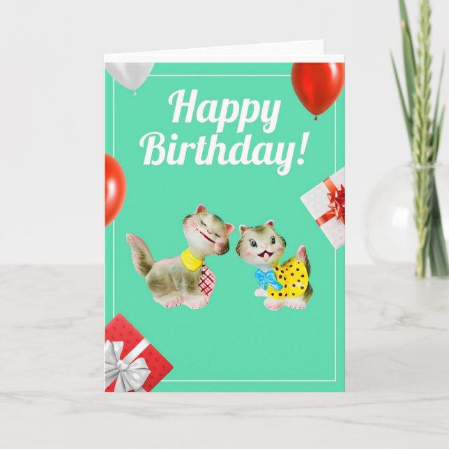 Joyeux Anniversaire Carte Rétro Chats Mignons Vint (Devant)
