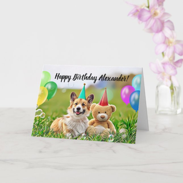 Joyeux Anniversaire Corgi Dog Carte de voeux pliée (Orchidée)