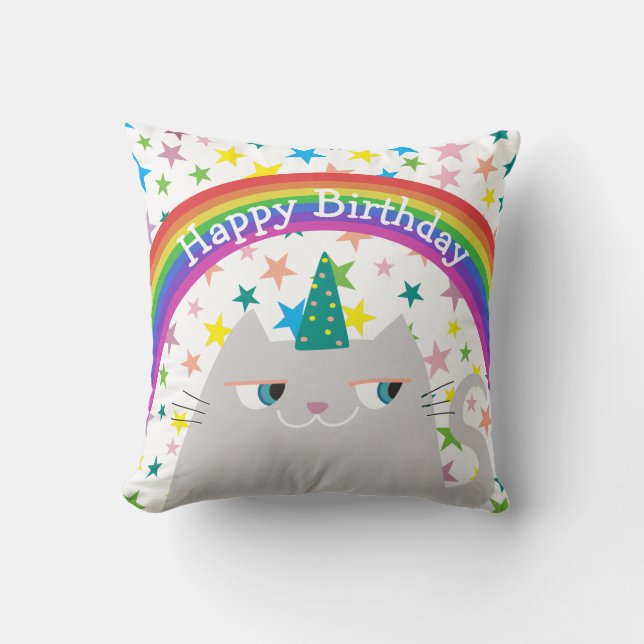 Joyeux Anniversaire Coussin Chat Mignon Arc-en-cie (Recto)