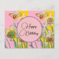Joyeux Anniversaire Daffodil floral Rose Carte Pos