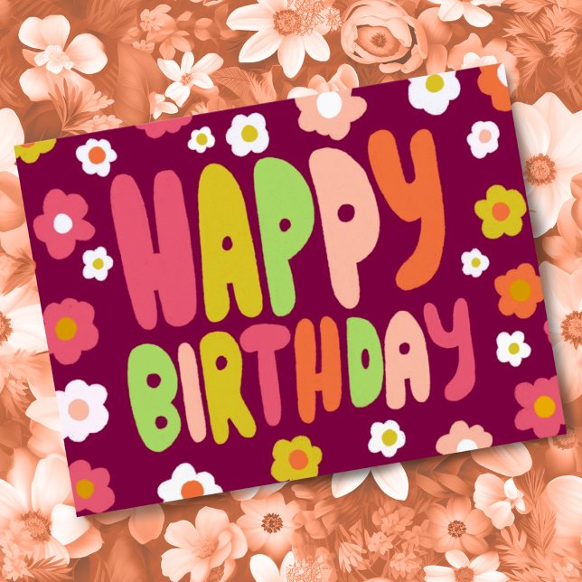JOYEUX ANNIVERSAIRE Daisies Bubble Letters CARTES  (Colorful cute daisy happy birthday postcard! Customize with your own text on the back side.)