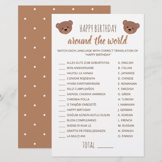 Joyeux Anniversaire Dans Le Monde Jeu Teddy Bear (Devant / Derrière)