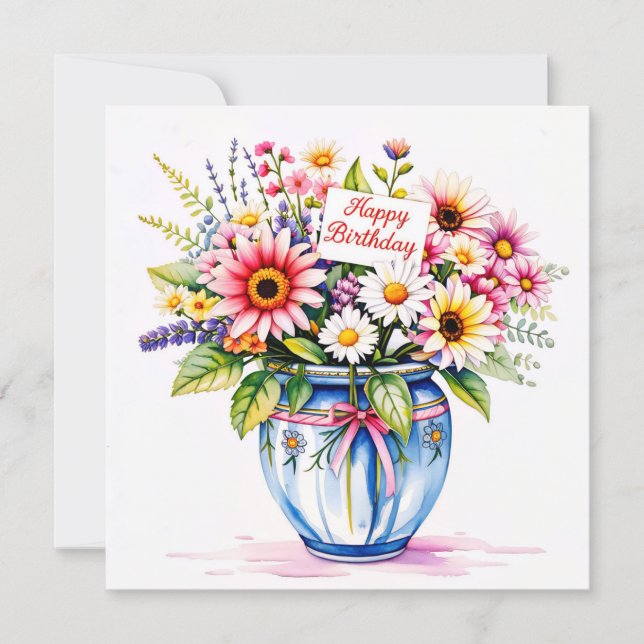 Joyeux anniversaire et bouquet de fleurs carte de  (Devant)