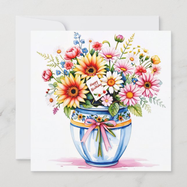 Joyeux anniversaire et bouquet de fleurs carte de  (Devant)
