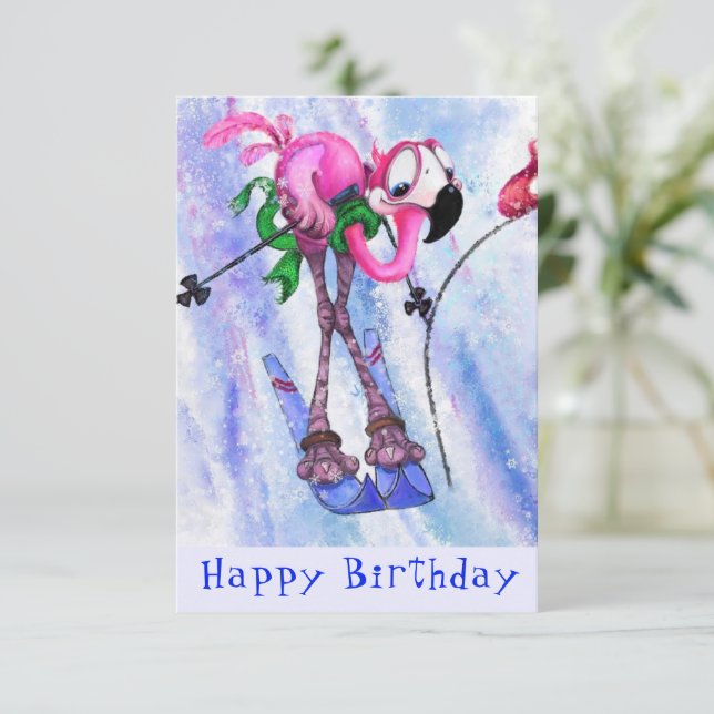 Joyeux anniversaire - Funny Pink Flamant rose Skie (Debout devant)