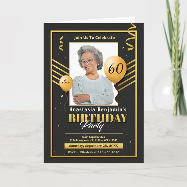 Joyeux anniversaire Gold Black Balloons Invitation (Devant)