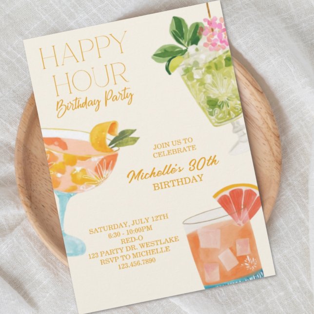 Joyeux Anniversaire Happy Hour, Cocktail, Aquarell (Créateur téléchargé)