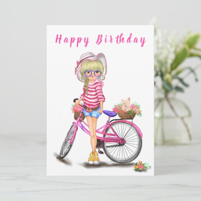 Joyeux Anniversaire - Jolie Fille Blonde avec Vélo (Debout devant)