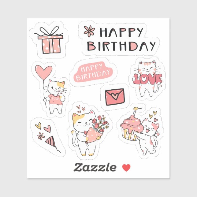 Joyeux Anniversaire Kitty cat Sticker feuille (Feuille)