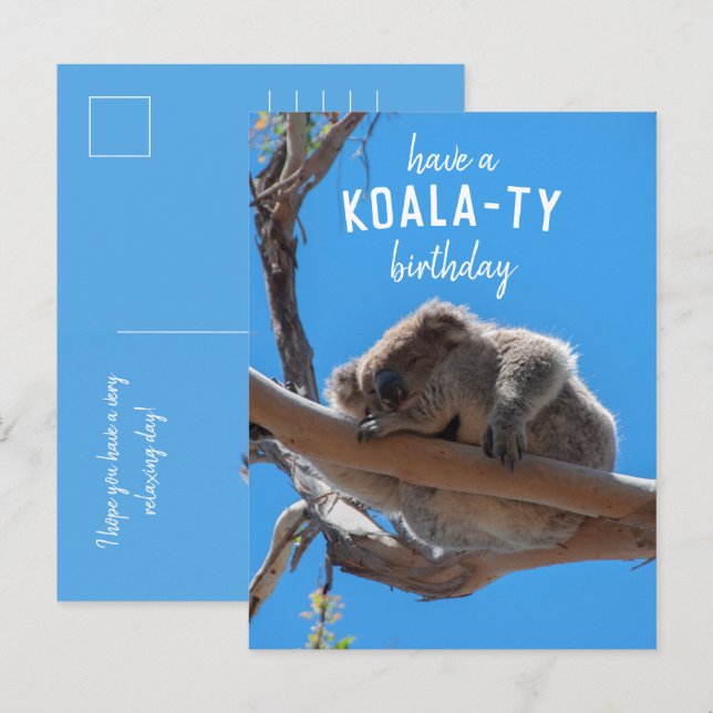 Joyeux anniversaire koala-ty, Carte postale bleue  (Devant / Derrière)
