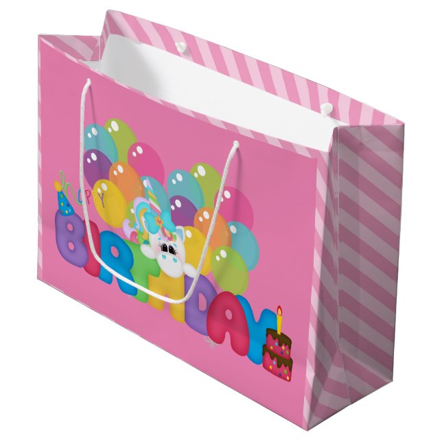 Joyeux Anniversaire licorne grand sac cadeau fille (Devant Angle)