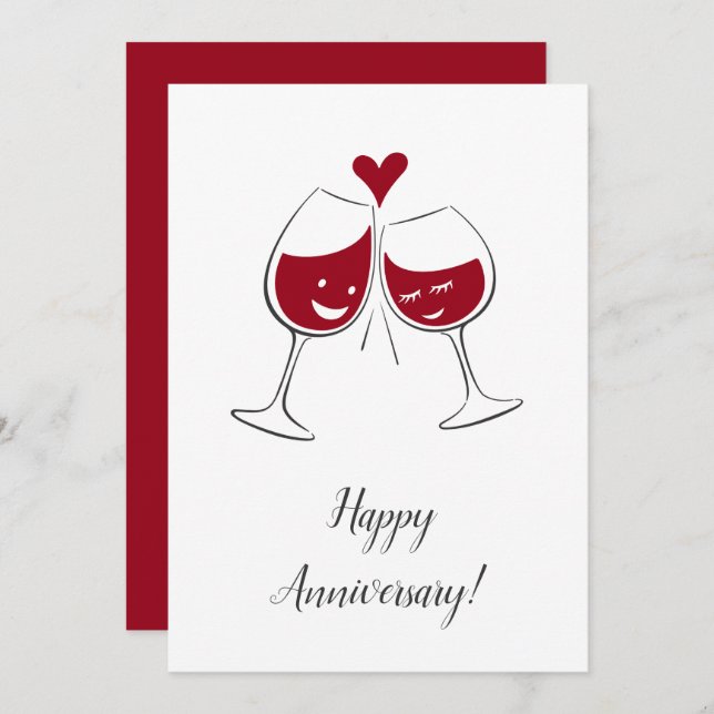 Joyeux anniversaire Mariage Carte de coeur de vin  (Devant / Derrière)
