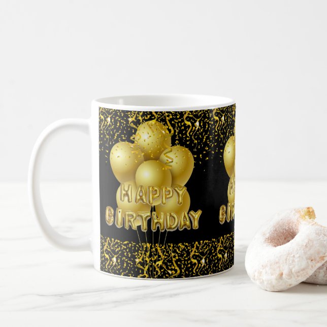 Joyeux Anniversaire Mug Black Gold Confetti (Avec donut)