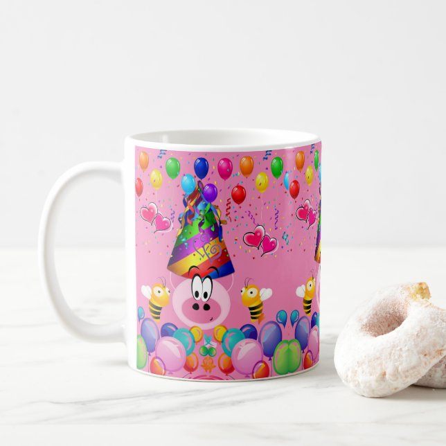 Joyeux Anniversaire Mug Pink Pig Bumblebee (Avec donut)