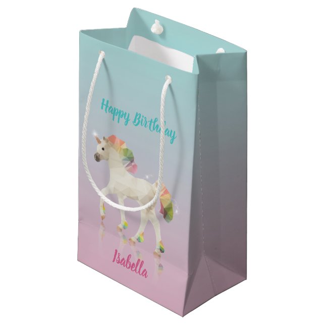 Joyeux anniversaire Rainbow Unicorn Nom Petit sac  (Devant Angle)