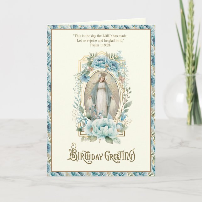 Joyeux Anniversaire Religieux Fleur Bleue Vierge M (Devant)