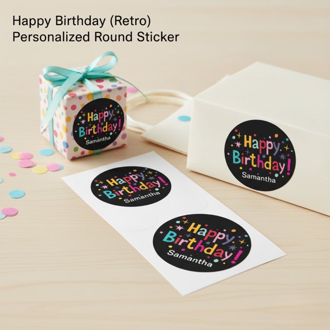 Joyeux Anniversaire (Retro) Sticker Rond Personnal (Happy Birthday (Retro) Personalized Round Sticker)