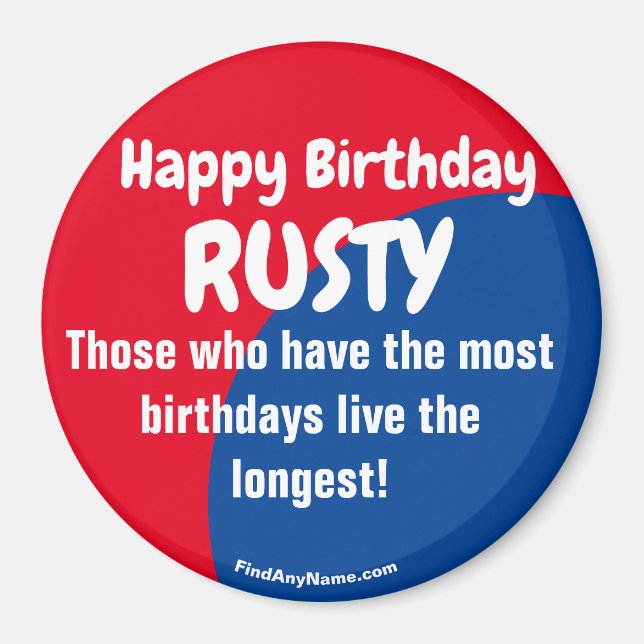 Joyeux Anniversaire RUSTY aimant rouge/bleu (Devant)