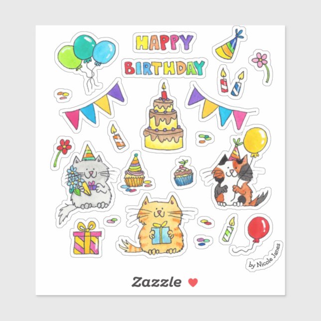 Joyeux Anniversaire stickers Chat par Nicole Janes (Feuille)