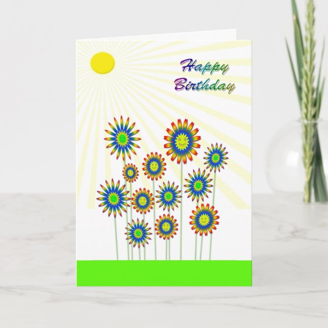 Joyeux anniversaire, une carte de fleurs heureuses (Devant)
