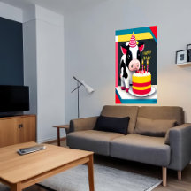 Joyeux anniversaire, vache, gâteau| AI Art Poster
