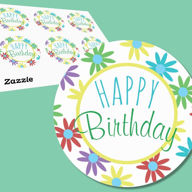 Joyeux Autocollants floraux colorés d'anniversaire (Depiction of Round Stickers, Sheet of 6 and Front View)